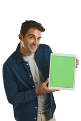 Poster - Green screen, mockup and portrait of man with tablet for advertising, promotion or marketing. Happy, smile and male person with chroma key digital technology isolated by transparent png background.