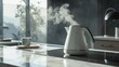 A sleek white electric kettle boiling water on a kitchen counter, emitting steam