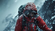 Close up of a mountain climber who struggling at top of mountain during storm, generative ai
