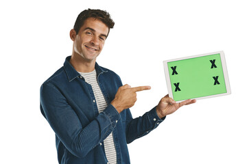 Poster - Portrait, tablet and man pointing at green screen, smile and mockup space isolated on a transparent png background. Technology, chroma key and person show marketing, social media or tracking markers