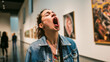 Woman yawning in art gallery, signaling boredom or fatigue amidst cultural setting