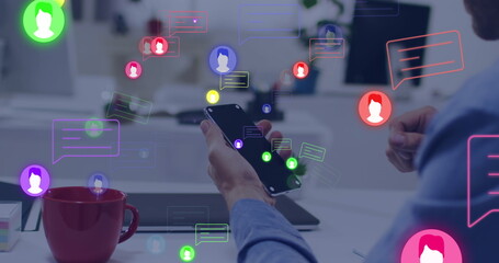 Poster - Image of media icons over hands using smartphone