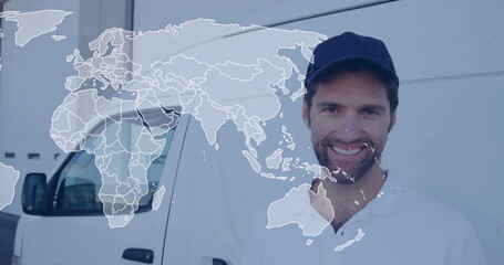 Poster - Image of world map over caucasian deliverers talking and smiling