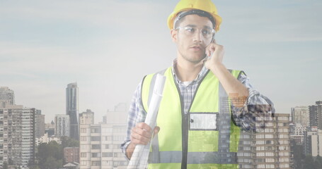 Poster - Image of cityscape over caucasian male worker