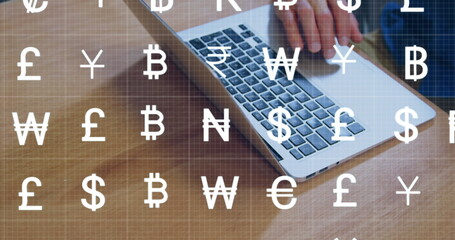 Poster - Image of currency symbols over hands using laptop