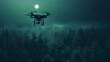 Drone with thermal imaging camera flying over a forest at night, with the camera's glow and the moon providing illumination