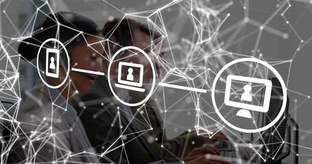 Poster - Image of digital interface with icons and network of connection over people working