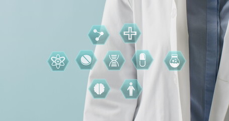 Aufkleber - Image of medical icons over caucasian female doctor with stethoscope