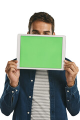 Poster - Green screen, mock up and portrait of man with tablet for advertising and marketing. Chroma key, model and person with digital technology for empty space isolated by transparent png background.