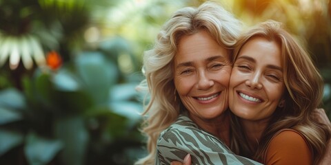 An elderly beautiful woman hugs her adult daughter in a summer park, radiating love and togetherness.