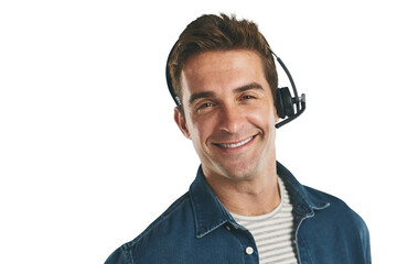 Sticker - Man, portrait and headset for call center customer support for communication, assistance or helping. Male person, face and telemarketing or isolated transparent png background, consulting or advisor