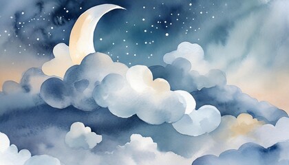 Watercolor illustration of crescent moon in night blue cloudy sky.