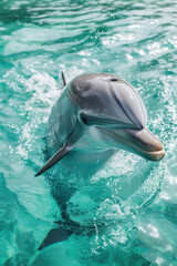 Wall Mural - Picture of dolphin in water with its mouth open. Can be used to depict marine life or as representation of freedom and joy