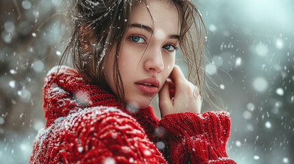 Poster - Beautiful young woman wearing red sweater stands in snow. This image can be used for various purposes