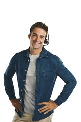 Wall Mural - Man, portrait and headset for call center communication for customer service, support or assistance. Male person, face and confidence or isolated transparent png background, consulting or advisor