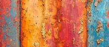 A Closeup Image Of A Rusty Metal Wall Adorned With A Vibrant Rainbow Of Colors, Including Shades Of Orange, Magenta, Peach, And More. A Visually Striking Piece Of Art Painting With A Unique Pattern