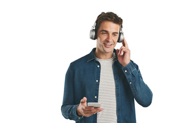 Sticker - Music, headphones and happy man with phone for streaming audio on isolated, transparent or png background. Smartphone, search and male person listening to radio, podcast or internet playlist choice