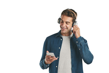 Poster - Headphones, music and happy man with phone for streaming audio on isolated, transparent or png background. Smartphone, search and male person listening to radio, podcast or internet playlist choice