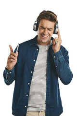 Poster - Music, headphones and man singing with phone for streaming audio on isolated, transparent or png background. Smartphone, search and male person listening to radio, podcast or internet playlist choice