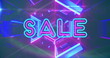 Image of sale neon text over neon pink and blue tunnel in background