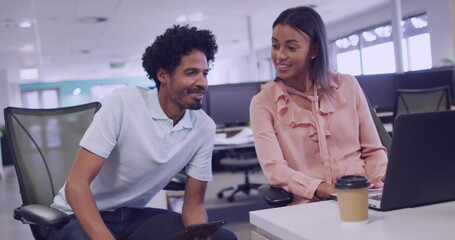 Poster - Biracial couple collaborates in a modern office setting