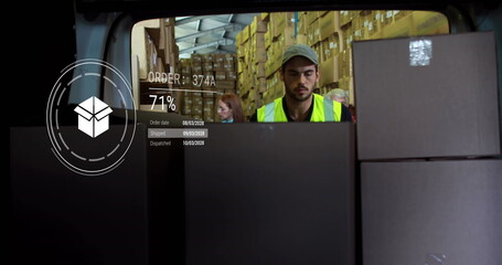 Poster - Image of icons with data processing over caucasian delivery man in warehouse