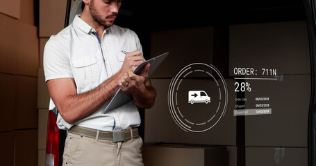 Poster - Image of icons with data processing over caucasian delivery man taking notes