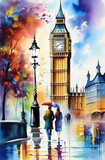 Fototapeta Londyn - Big ben watercolor paint ilustration