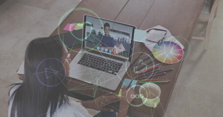Poster - Image of network of connections with icons over woman using laptop on image call