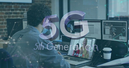 Poster - 5g text and network of connections against caucasian man having a image call on laptop at office