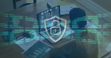 Poster - Security padlock and chain against woman having a image call with male colleague on laptop at office