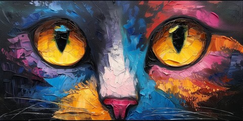 Oil cat portrait painting in multicolored tones. Conceptual abstract painting. Closeup painting oil and palette knife on canvas.