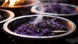 Purple ashes in a ceremonial dish, symbolic for Ash Wednesday.