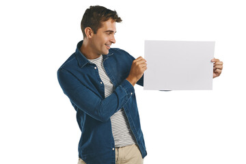 Wall Mural - Smile, announcement and man with blank banner on deal promotion isolated on transparent png background. News, presentation and happy person showing offer on paper, sign or billboard with mockup space
