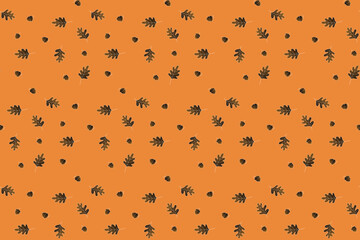 Wall Mural - Illustration of walnuts fruit with brown leaves on orange background.