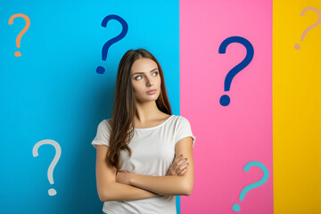 Puzzled pensive young girl with question marks. Young woman in a thoughtful pose with colorful question marks. Thinking woman isolated on multi color wall background