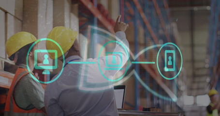 Poster - Image of icons and data processing over diverse people working in warehouse