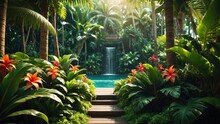 Tropical Island With Palms, Tree In The Garden, Tropical Evergreen Forest And Leaves Plant Wallpaper, Tropical Wallpaper, Green Plant And Leaves Background