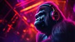 Gorilla in neon headphones with neon lights on the background of a disco bar with a disco ball, copy space high quality, Generative AI