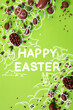 Leinwandbild Motiv Easter themed image with Happy Easter text, chocolate eggs, and drawings against green background. Vertical image for mobile phone. Easter holiday. Banner, poster, postcards and greeting cards, ad