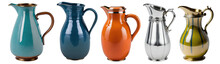 Set Of Various Beautiful Antique Vintage Jugs Isolated On Transparent Background. Generative AI
