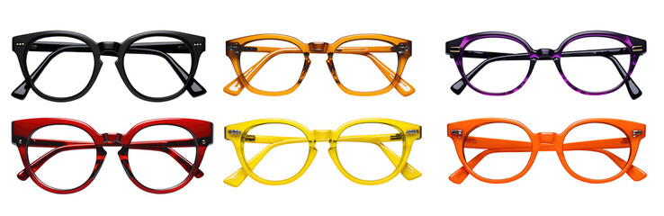 Set of various modern colourful unisex eyeglasses isolated on transparent background. Generative AI