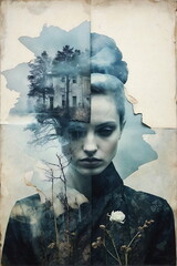 Wall Mural - Abstract woman portrait double exposure style. Vintage, art ,poster .