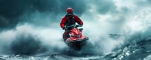 Lifeguard Racing On Jet Ski To Save In Stormy Sea. Concept Eco-friendly Gardening Tips, Mediterranean Cuisine, DIY Home Decor, Virtual Workouts, Traveling On A Budget