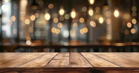 Wall Mural - urban rustic charm with spacious wooden table poised for product display light filters softly throug