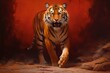 A magnificent Bengal tiger, its powerful presence emphasized against a deep red background.