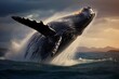 A magnificent humpback whale breaching the surface of the ocean, its massive body suspended in mid-air before crashing back into the water.