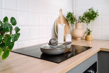 Poster - Induction glass ceramic stove with frying pan in modern kitchen