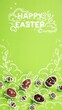 Leinwandbild Motiv Colorful creative vertical design with chocolate eggs, doodles and Happy Easter text on green background. Concept of Easter, holiday, celebration. Template for banner, poster, greeting cards, ad