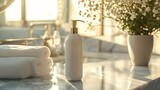 Fototapeta  - Bodycare, luxury lotions, in-home spa experiences. Luxury Bodycare Lotion in a Sunlit Bathroom. Premium bodycare lotion fluffy towel, 2024 trend of indulgent in-home spa experiences and self-care.